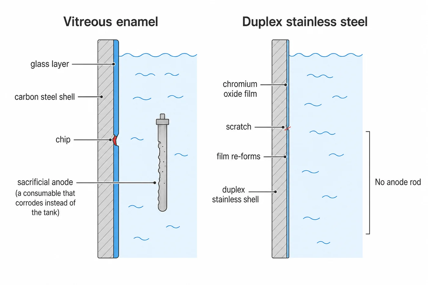 Two hot water cylinder walls in cross section. On the left a vitreous enamel cylinder: a glass layer over a carbon steel shell, with a chip in the glass exposing bare steel, and a partly consumed sacrificial anode rod hanging in the water. On the right a duplex stainless steel cylinder: a very thin chromium oxide film over the stainless shell, closing back over a scratch, with no anode rod at all.