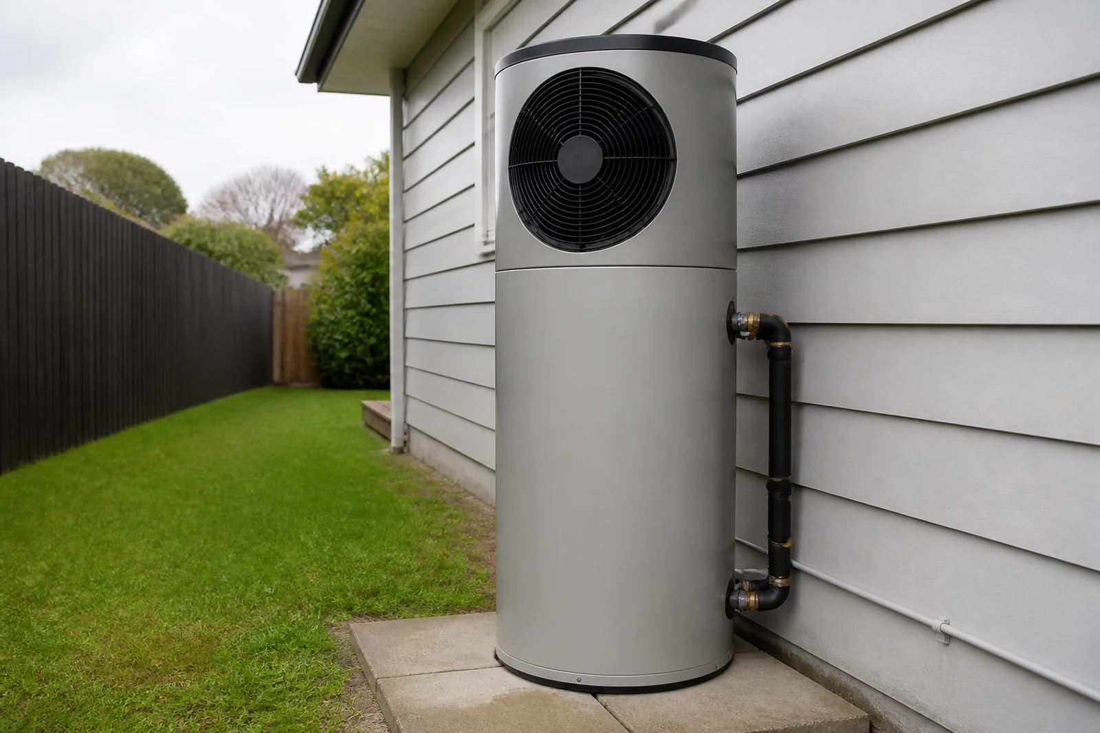 A monoblock heat pump hot water cylinder standing on pavers beside a New Zealand house, with the fan and compressor built into the top of the tank and clear space around it for airflow.